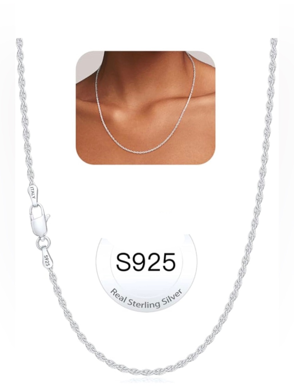 Sterling Silver Rope Chain Necklace - S925 Sterling